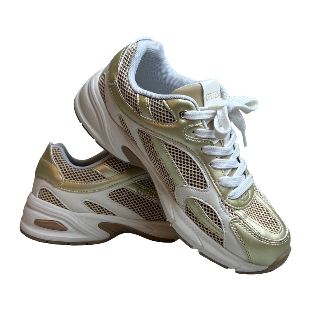 Guess Metallic Gold White Mesh Running Sneakers Women's Size 9.5M Athleisure Y2K
